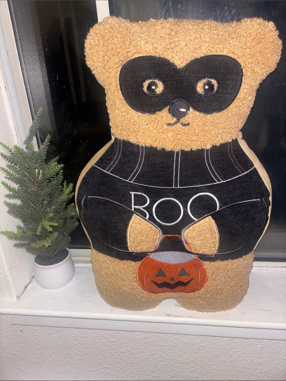 Halloween Bear Costume Pillow - Tan and Black Plush Boo Design